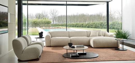 Divano Daily di Ditre Italia color panna con poltrona in un living affacciato sul giardino